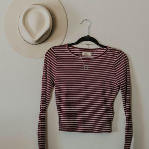 Red & White Striped Long Sleeve Cropped Top